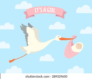 Stork carrying a cute baby. It's a girl! Vector illustration.