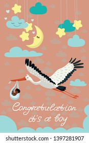 Stork carrying a cute black child in a bag. This is a boy Baby boy announcement card template. Vector card.