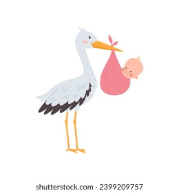 Stork carrying a cute newborn baby in a pink diaper. It's a girl. Cartoon lovely characters for greeting birthday card, baby announcement. Stork delivery a daughter vector illustration