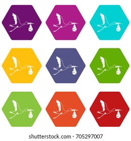 Stork carrying icon set many color hexahedron isolated on white vector illustration