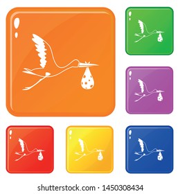 Stork carrying icons set collection vector 6 color isolated on white background