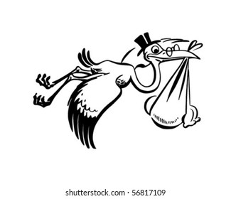 Stork Carrying New Baby - Retro Clip Art