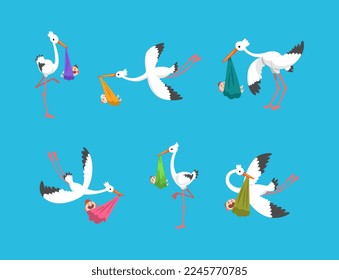 Stork Carrying Newborn Babies Wrapped in Napkin Vector Set