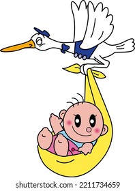 A stork carrying a newborn baby