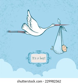 Stork carrying newborn baby, card for baby shower 