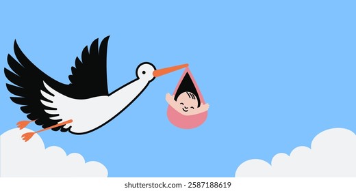 Stork carrying newborn baby girl