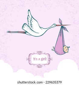 Stork carrying newborn baby-girl, card for baby shower
