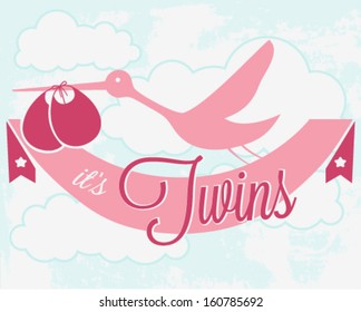 Stork Carrying Newborn Twins. It's Twins Vector Illustration in Vintage Style