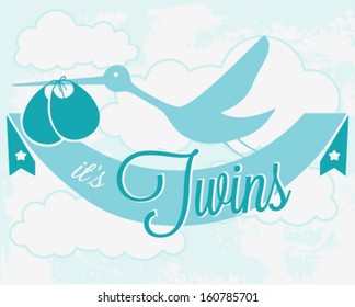 Stork Carrying Newborn Twins. It's Twins Vector Illustration in Vintage Style
