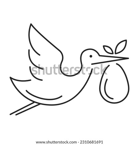 Stork carrying newborn vector isolated icon. Line symbol of stork flying with a baby. Concept or pregnancy and maternity.