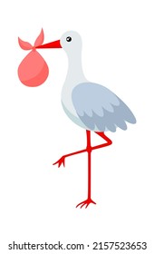 Stork carrying a sack with a baby. Vector illustration