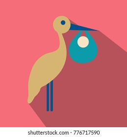 stork cartoon in flat style with shadow with baby