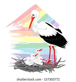Stork and chicks in the nest on the background of the stylized house