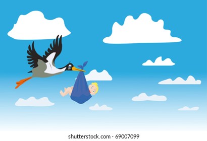 The stork with the child flies on the sky along clouds