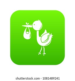 Stork child icon green vector isolated on white background