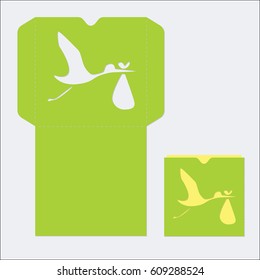 Stork with child.  Laser cutting template. Vector scheme of laser cutting and printing. Envelope for cards or invitations.