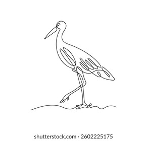Stork in continuous line art drawing style. Minimalist black linear sketch isolated on white background. Animal vector illustration