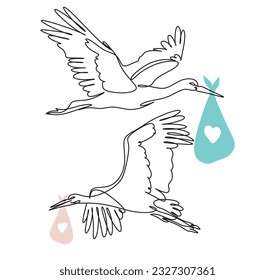 Stork crane carry baby line art minimalist sketch engraving vector illustration. Line drawing style imitation. Hand drawn baby shower logo