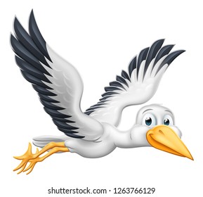 A stork or crane cartoon bird flying through the air