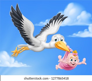 A stork or crane cartoon bird flying through the sky carrying a new born baby as in the pregnancy myth.