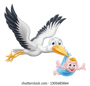 A stork or crane cartoon bird flying through the sky carrying a new born baby as in the pregnancy myth.