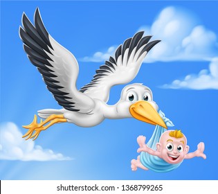 A stork or crane cartoon bird flying through the sky carrying a new born baby as in the pregnancy myth.