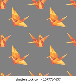 Stork Crane Fire in origami low-polygonal style. Vector seamless pattern