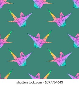 Stork Crane Fire in origami low-polygonal style. Vector seamless pattern