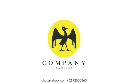 Stork with crown standing high logo symbol design illustration inspiration, black king Stork bird icon