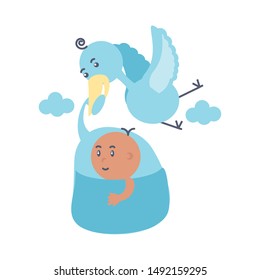 stork with cute baby boy avatar character