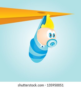 Stork delivering baby boy to parents. vector illustration of newborn baby with stork.