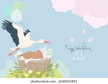 Stork delivering Baby Boy. It s a Boy. Baby Shower Card. Vector Illustration