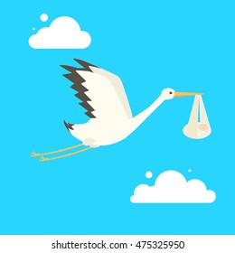 Stork delivering baby. Cartoon colorful vector illustration