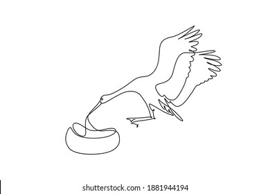 Stork Delivering Baby. Continuous Line Art Drawing. Stork Landing With Cradle In Beak Black Linear Sketch Isolated On White Background. Vector Illustration