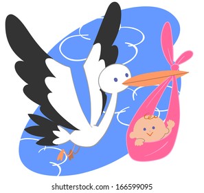Stork delivering a newborn baby