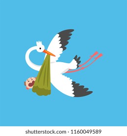 Stork delivering a newborn baby, flying bird carrying a bundle with crying kid, template for baby shower banner, invitation, poster, greeting card vector Illustration