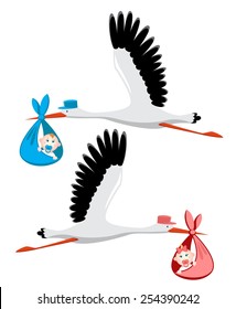 Stork delivering a newborn baby girl and boy