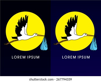  Stork delivering a newborn baby with moon ,sign ,logo, symbol, icon, graphic, vector.