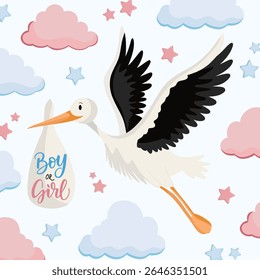 Stork delivers baby boy or girl in cute gender reveal party illustration with pink and blue elements for celebration card or invitation design