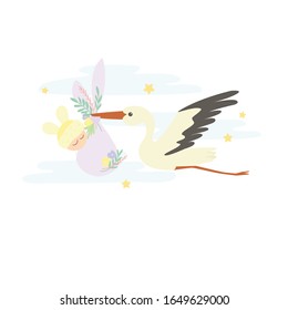 A stork delivers a newborn baby wearing a hat with funny ears. Clouds and stars are in the background.