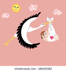 Stork with European newborn baby girl flying in pink sky.