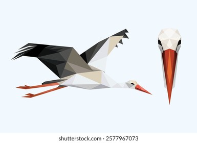 Stork face front view in polygonal low poly vector. Stork face abstract low poly vector logo. Flying stork illustration graphic vector