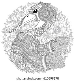 Stork , fantastic flowers, branches, leaves. For anti stress Coloring Page for adults and children. Black White Bird collection. Set of illustration.