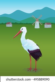 Stork in the field/Vector illustration of a stork landed and standing on Alpine meadow
with German-style country houses and a mill on the background