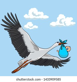 A stork flies against the sky with a baby in its beak.