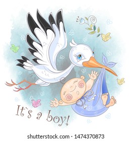 Stork flies with baby boy. Baby shower. Postcard for the birth of a baby. Vector. Watercolor. 