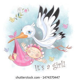 Stork flies with baby girl. Baby shower. Postcard for the birth of a baby. Vector. Watercolor.