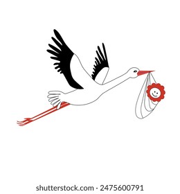 Stork flies and carries baby. Vector image black, white and red outline image.