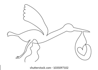 Stork flies, carries a package with a heart. To the birthday of the child. One continuous drawing line drawn by hand on a white background.