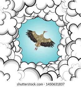 A stork flies in the sky. The bird is visible through the gap from the clouds. Vector illustration